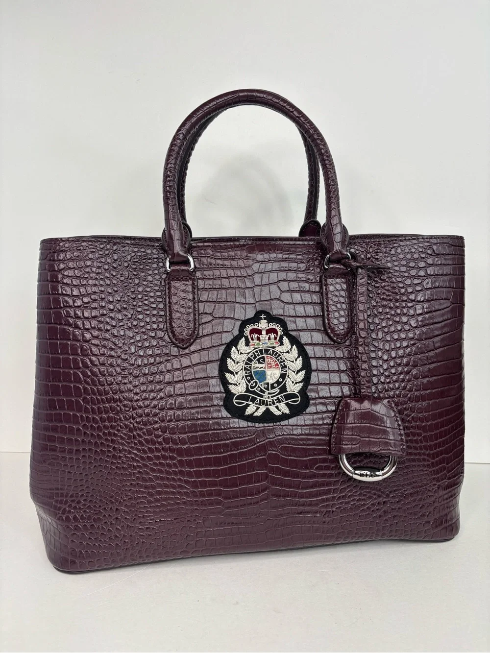 Ralph‎ Lauren Bullion Large Marcy Satchel Croc-Embossed Mahogany Leather Bag